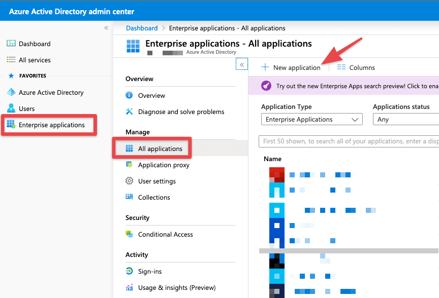 Azure AD Enterprise Applications page with New application highlighted