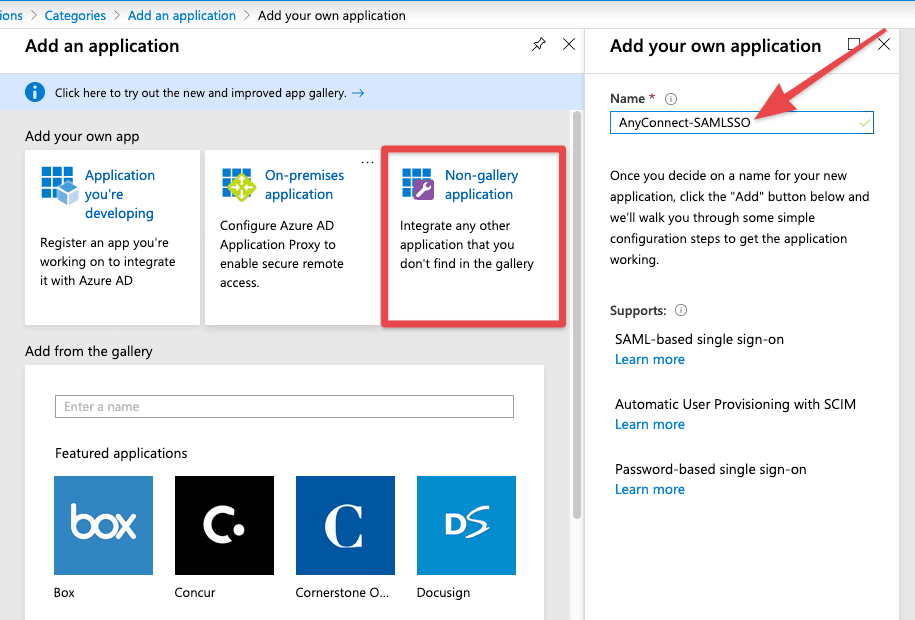 Azure AD Add an application page with Non-gallery application selected