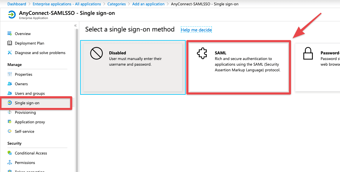 Azure AD single sign-on method selection with SAML highlighted