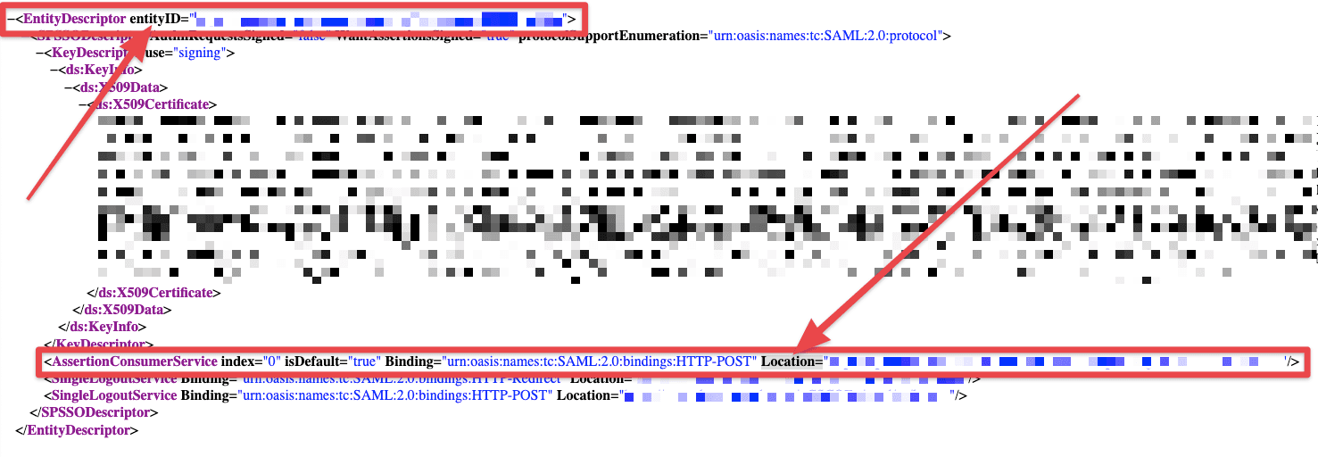 SAML metadata XML showing the entity ID and Assertion Consumer Service location