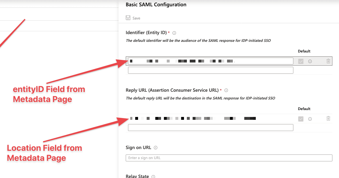 Azure AD Basic SAML Configuration form with Identifier and Reply URL fields