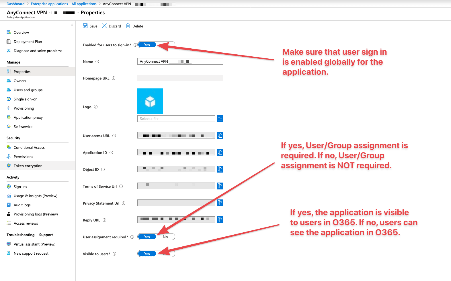 Azure AD enterprise application Properties page showing sign-in and assignment settings