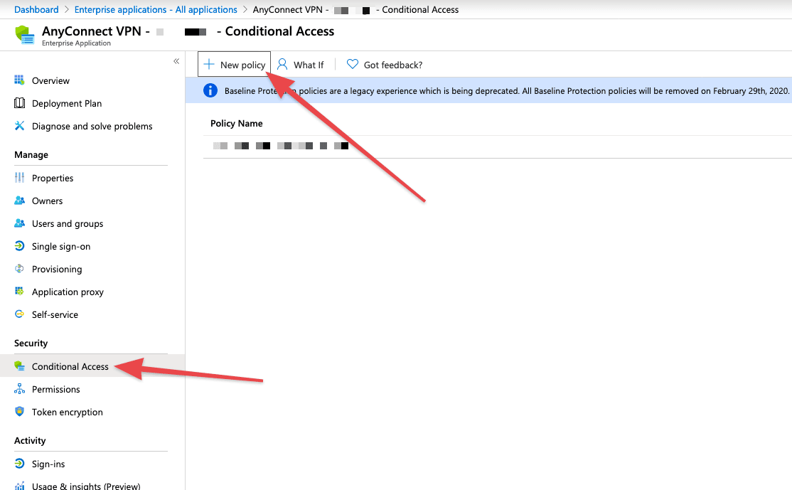 Azure AD Conditional Access page with New policy highlighted