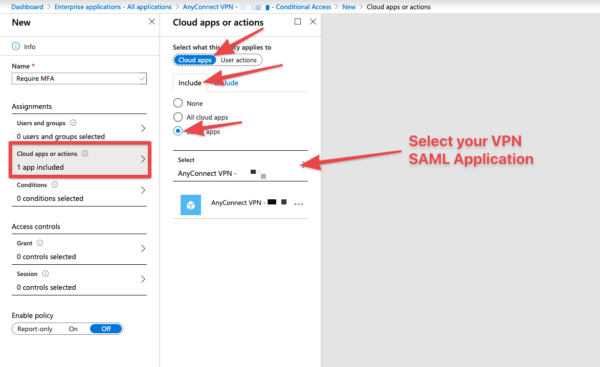 Conditional Access policy targeting the AnyConnect SAML application