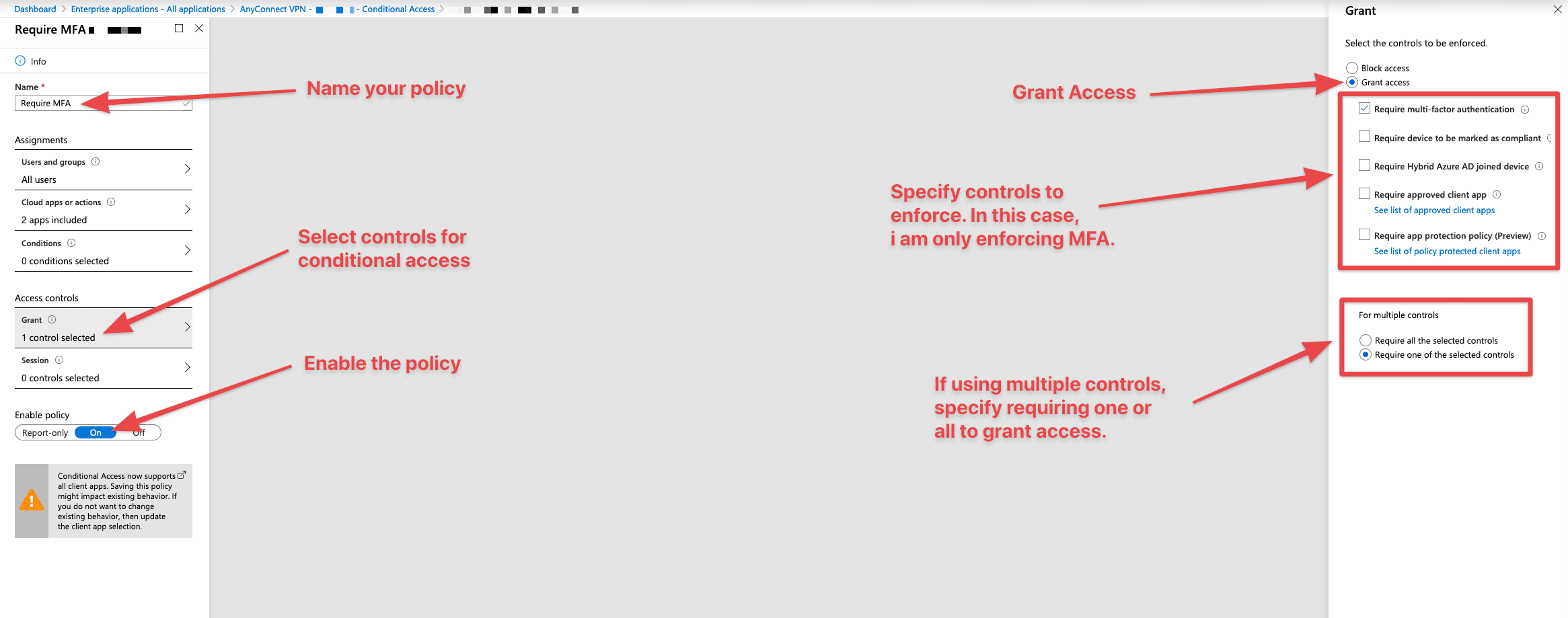 Conditional Access grant controls requiring multi-factor authentication