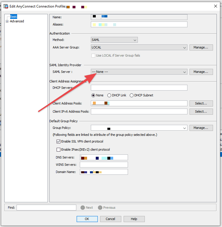 ASDM tunnel group configuration with a blank SAML section