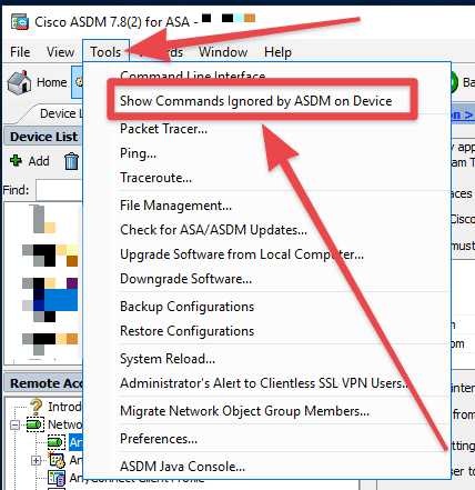 ASDM Tools menu with Show Commands Ignored by ASDM on Device highlighted