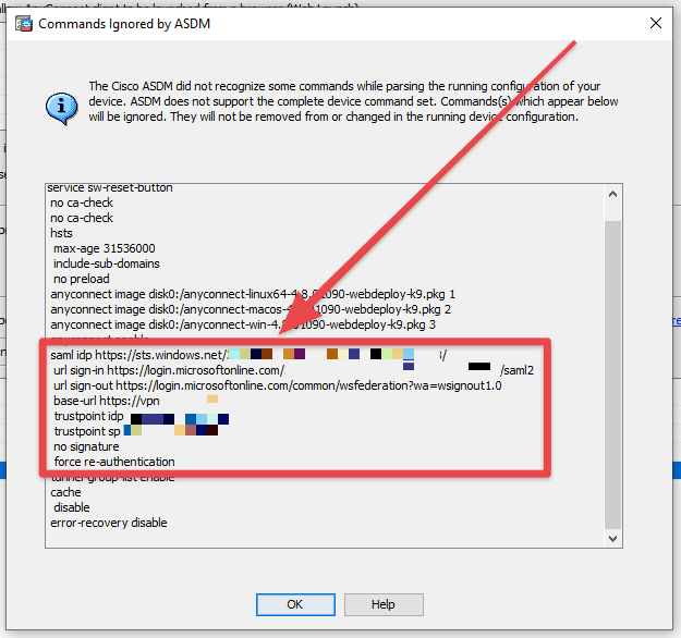 ASDM showing ignored SAML identity provider commands