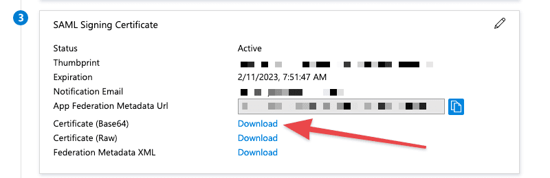 Azure AD SAML signing certificate section with the Base64 certificate download